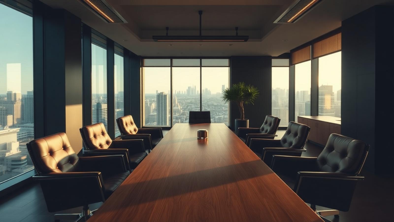 Modern executive boardroom overlooking a global city skyline